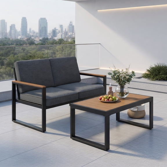 GVN Backyard Furniture Sets,Outdoor Furniture Sets,2 Piece Patio Aluminum Furniture Set with Wood-Plastic Armrests and Tabletop-Gray
