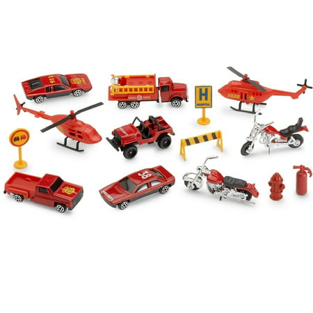 Rescue Vehicles Emergency Fire Set, 15 Piece Diecast Vehicles Including; Helicopters, Motorcycles, Recovery Vehicles, Road Sign, Fire Truck, Fire Hydrant, Pickup Truck, Barricade And Cone – By