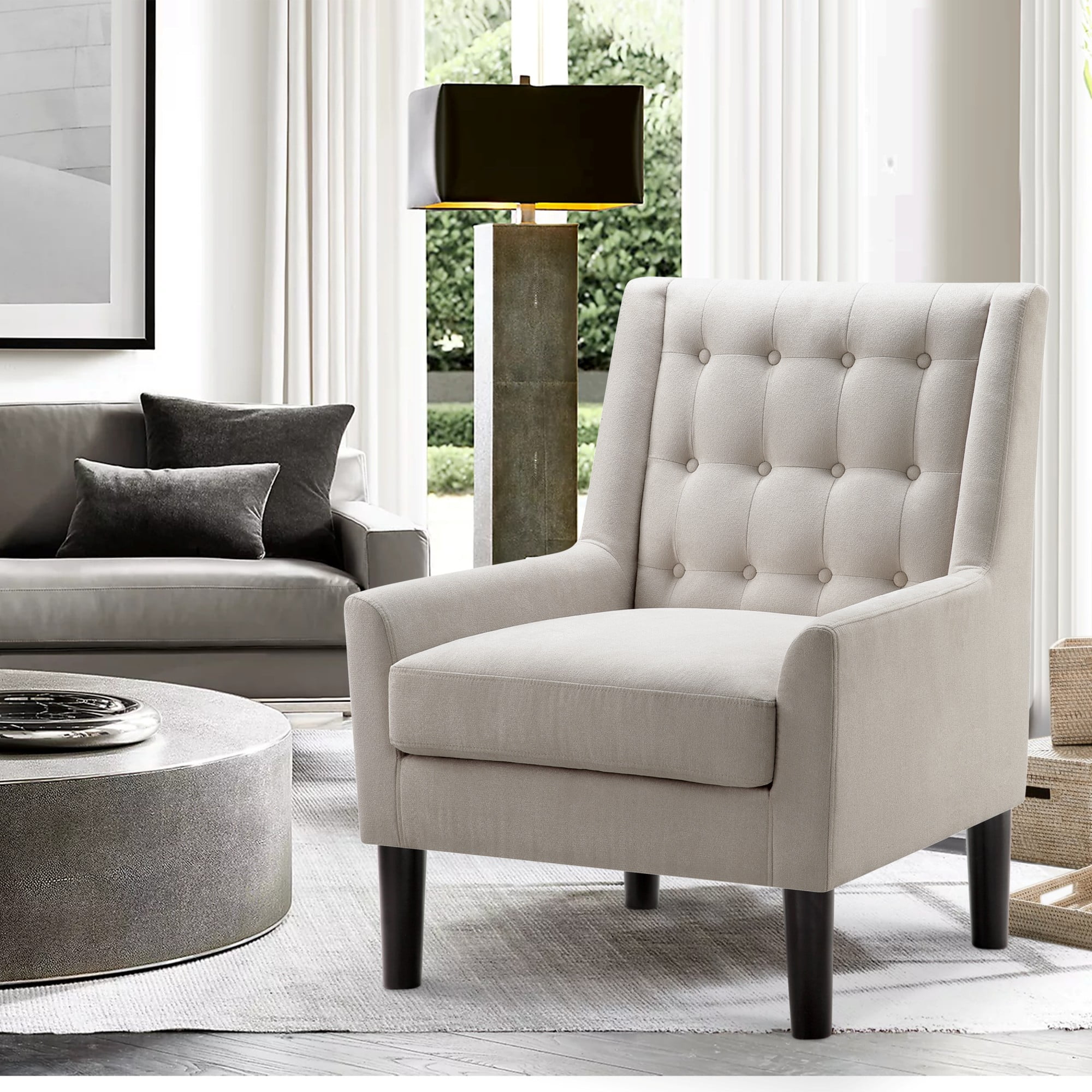 Gewnee Beige Velvet Tufted Wingback Accent Armchair Solid Rubberwood Legs for Living Room & Balcony