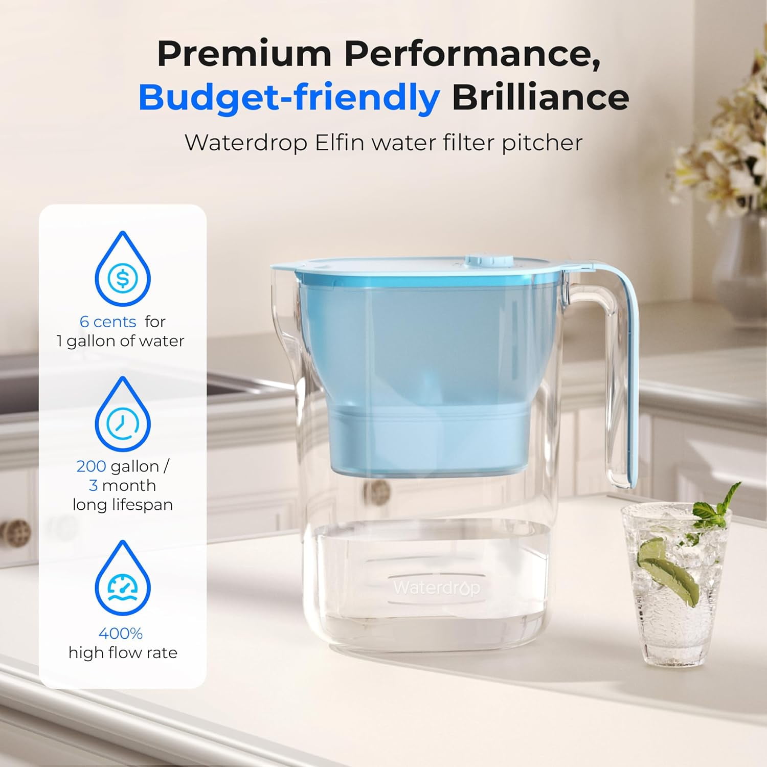 Waterdrop 200-Gallon Long-Life Water Filter Pitcher, NSF Certified,7-Cup, Blue