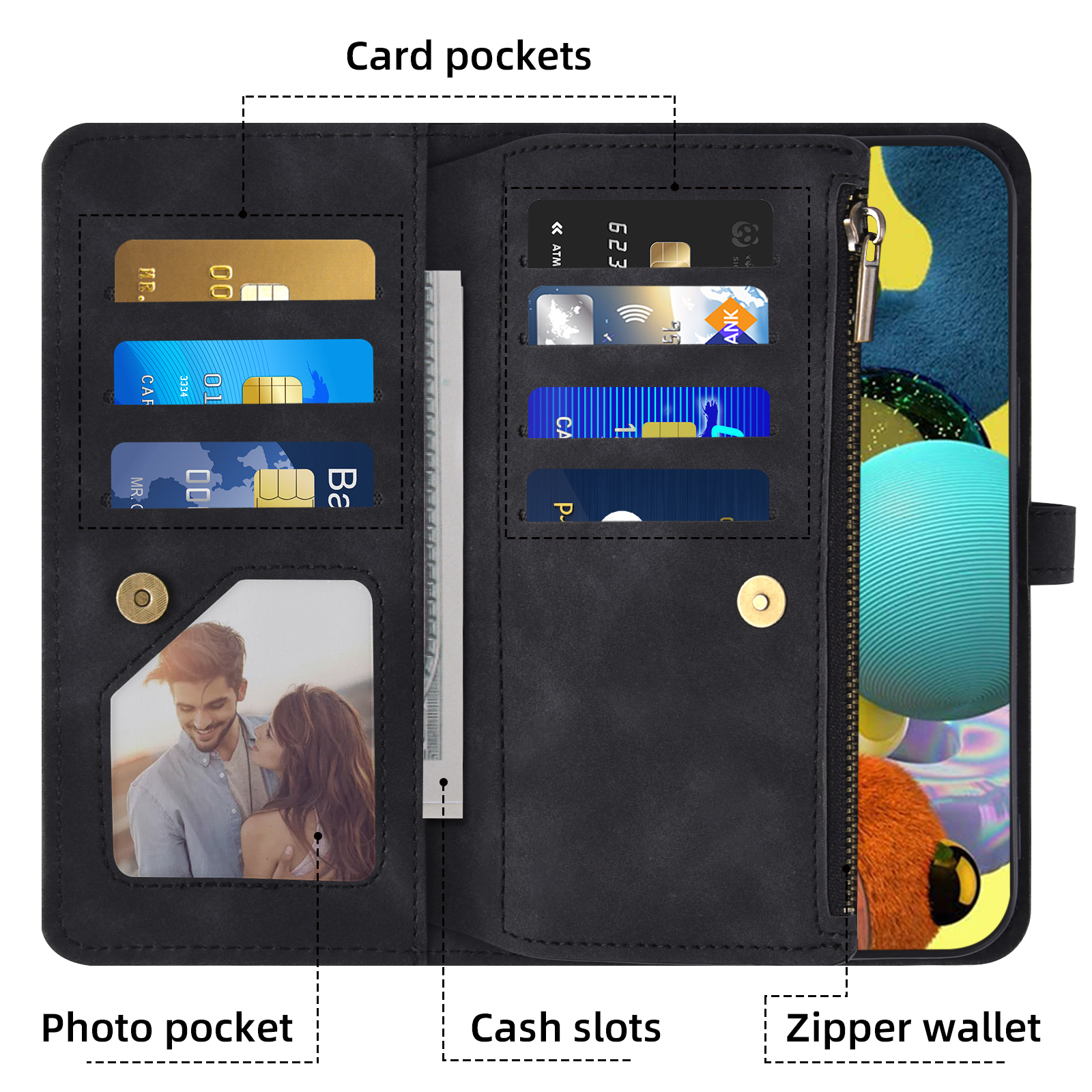 Asuwish Phone Case for Samsung Galaxy A51 4G Wallet Cover With Tempered Glass Screen Protector Crossbody Wrist Strap Flip Pattern Zipper Credit Card Holder Cell A 51 M40S 51A A515F S51 Women Black
