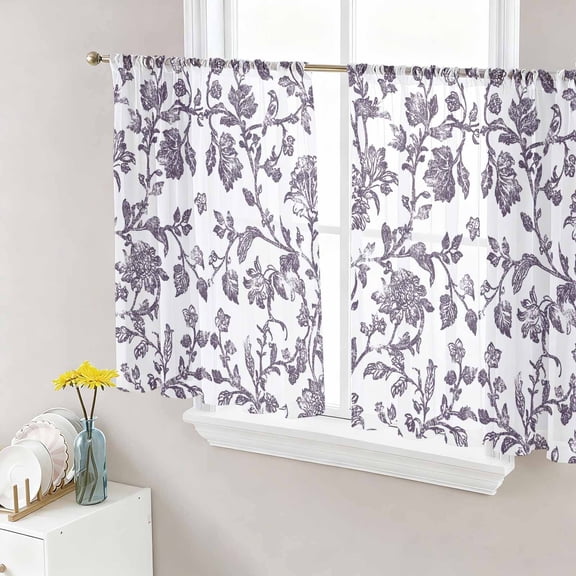 Purple Flower Semi Sheer Curtains 45 Inch Length 2 Panels Set, Vintage Farmhouse Boho Leaf Spring Plant Sheer Kitchen Curtain Privacy Voile Window Curtain for Living Room Bedroom Rod Pocket Drapes