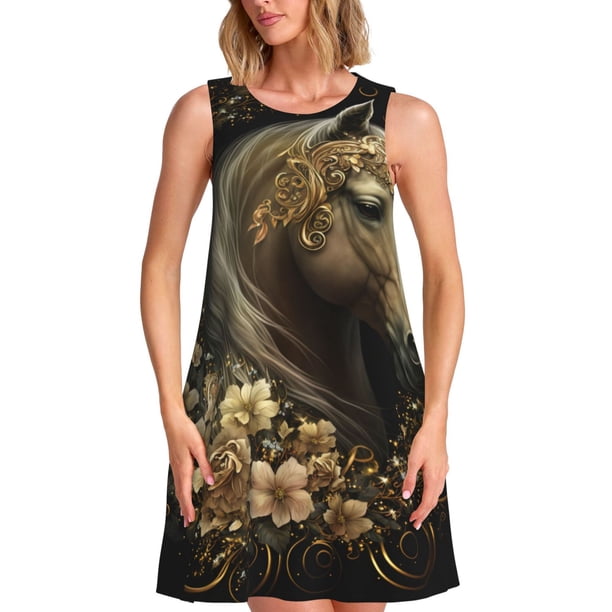 Balery Palatial Gold Pattern Horse Vestidos de verano para mujer con estampado: vestido holgado sin mangas, vestido playero informal y cómodo para días calurosos.
