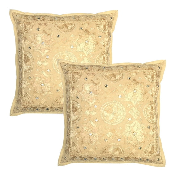 Stylo Culture Indian Decorative Throw Pillow Covers 16x16 Hand Embroidered Beige Boho 40cm x 40cm Home Decor Cotton Mirrored Square Cushion Covers | Set Of 2