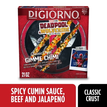 DiGiorno Deadpool and Wolverine Pizza Classic Crust Frozen Food, Gimme Chimi Chimichanga inspired with Cumin Sauce, Beef, and Jalapenos, 21 oz