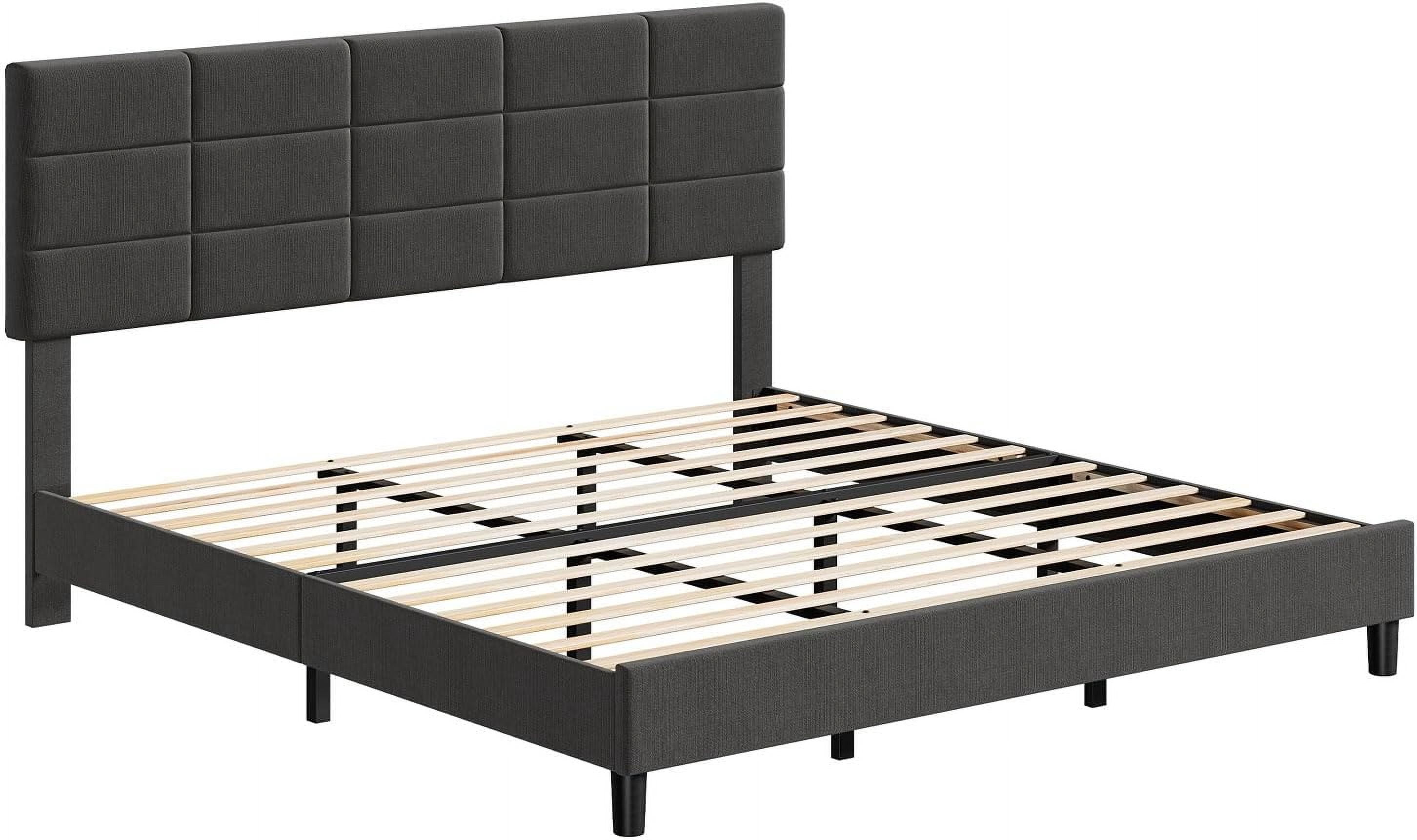 King Size Platform Bed Frame, Linen Upholstered King Bed Frame, Wooden Slats Support, No Box Spring Needed, Noise-Free, Grey
