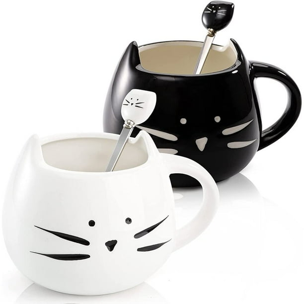 ZEAYEA Juego de 2 tazas de café con diseño de gato, taza de leche de té con cuchara de porcelana de 12 onzas para mujeres y niñas amantes de los gatos, tazas de pareja de gatitos, el mejor regalo