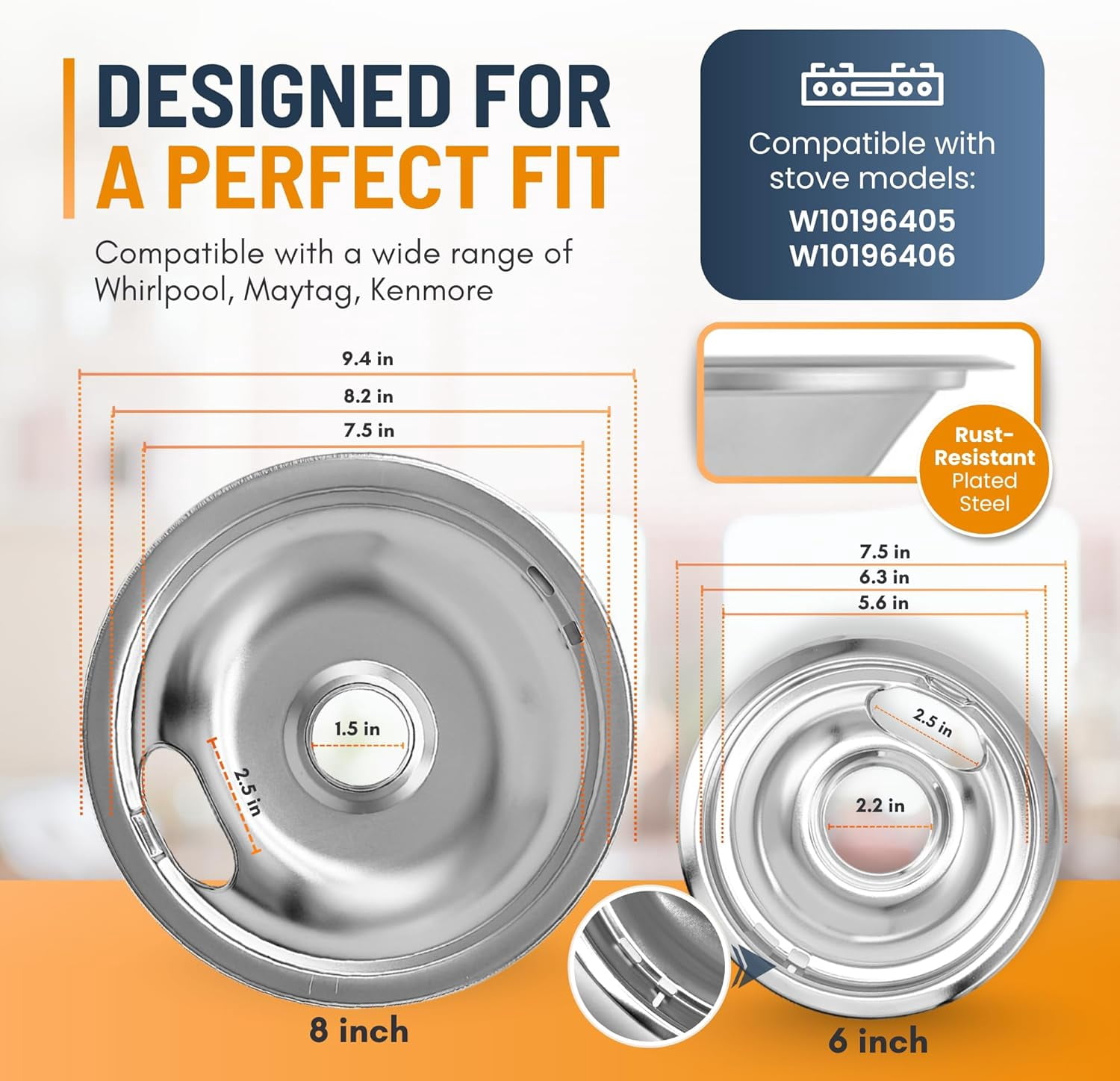 Electric Stove Drip Pans Set of 4 (2 x 6-Inch & 2 x 8-Inch) Stove Drip Pans for Electric Stove for Whirlpool, Maytag, KitchenAid & More - Compatible with W10196405 & W10196406 Stove Burner Drip Pan