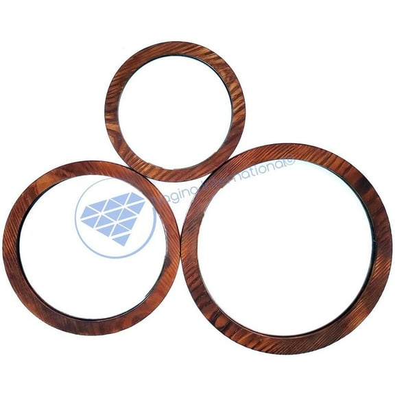 Nagina International Set of 3 Nautical Antique Wood Wall Hanging Decorative Reflective Plane Mirrors | Pirate's Maritime Gift