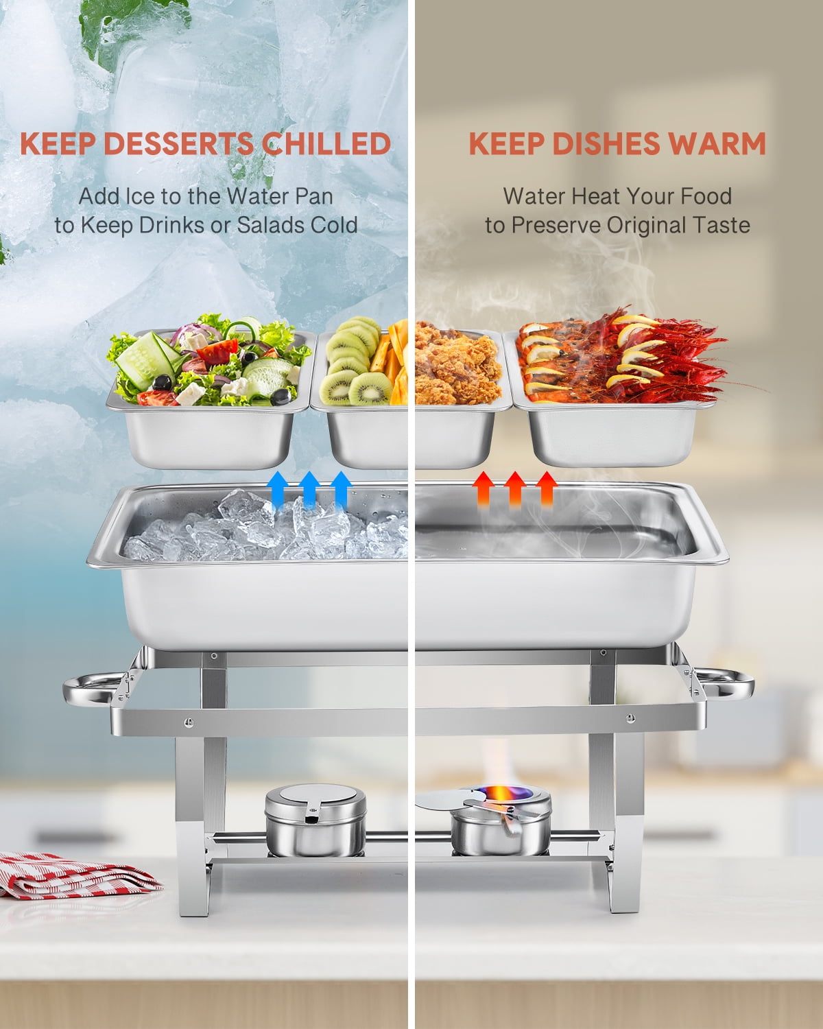 Wilprep 2-Pack Chafing Dish Buffet Set, 8Qt Stainless Steel Foldable Catering Food Warmer 1/3 Size Food Pan