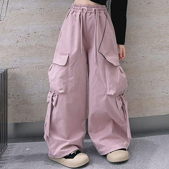 Delliss Girl's Bow Side Waist Track Pants Cute Wide Leg Drawstring Trousers 5-16 Years