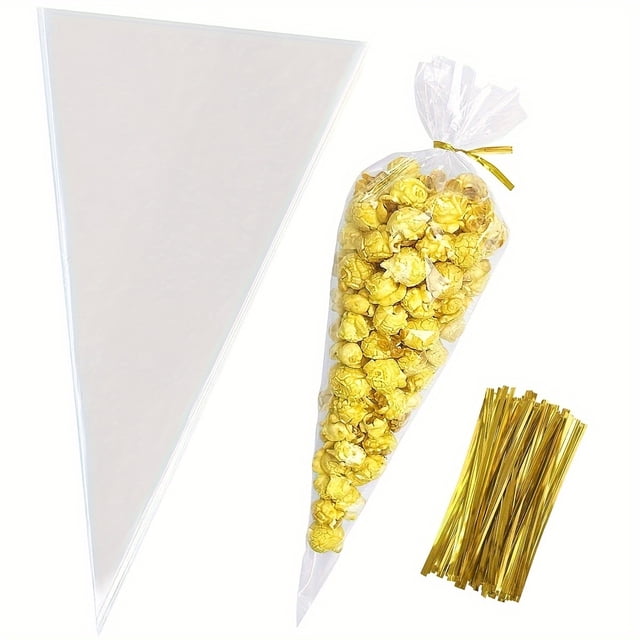 QJUHUNG 30/50/100pcs Transparent Cone Bag Cellophane Triangular Bags - For Candy Popcorn Biscuits & Handicrafts - Perfect for Parties Weddings Birthdays & Holidays - Ideal Gift for Pa