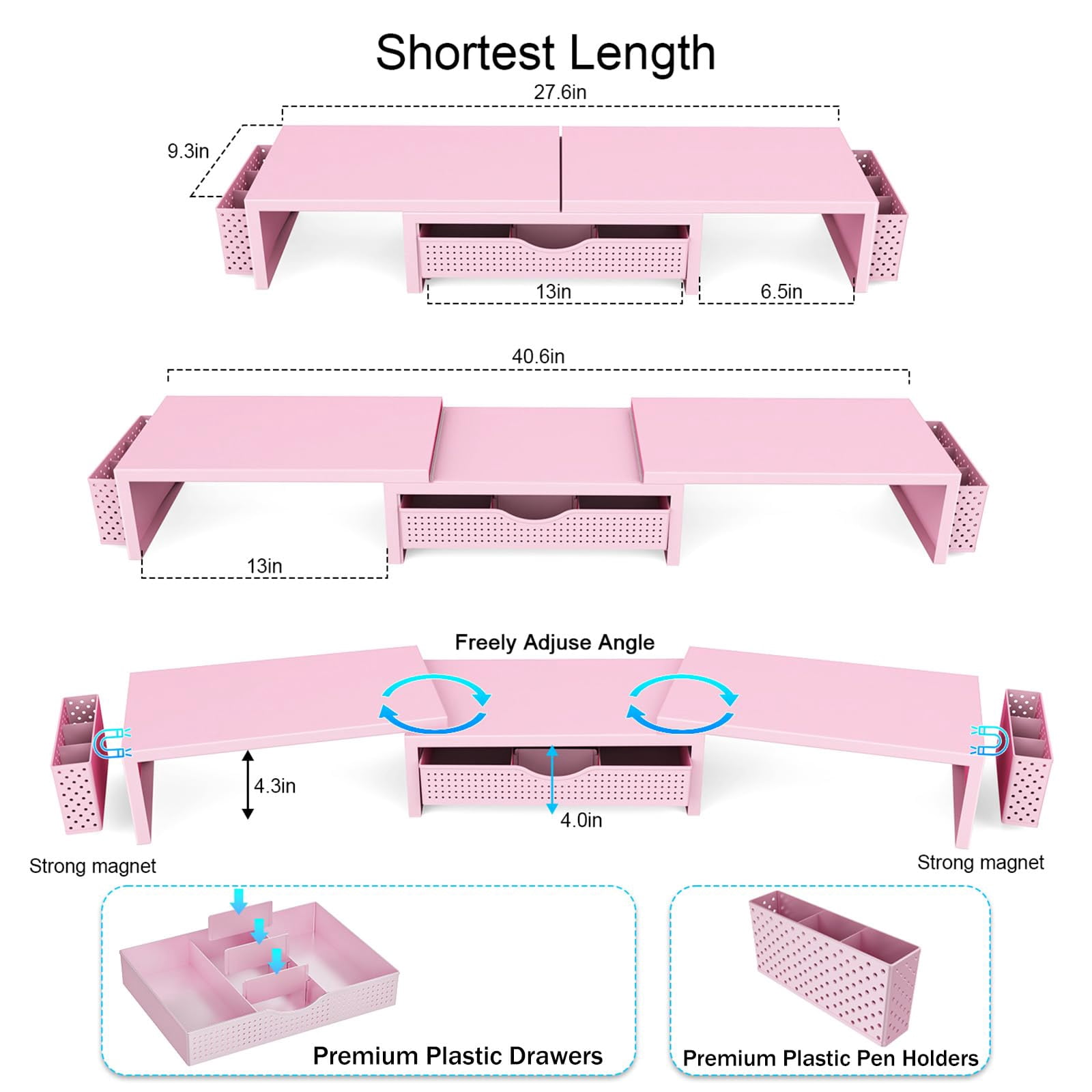 Dual Monitor Stand Riser  Desk Organizer With Drawer And 2 Pen Holders Organizers Accessories Pink Office Supplies (pink)