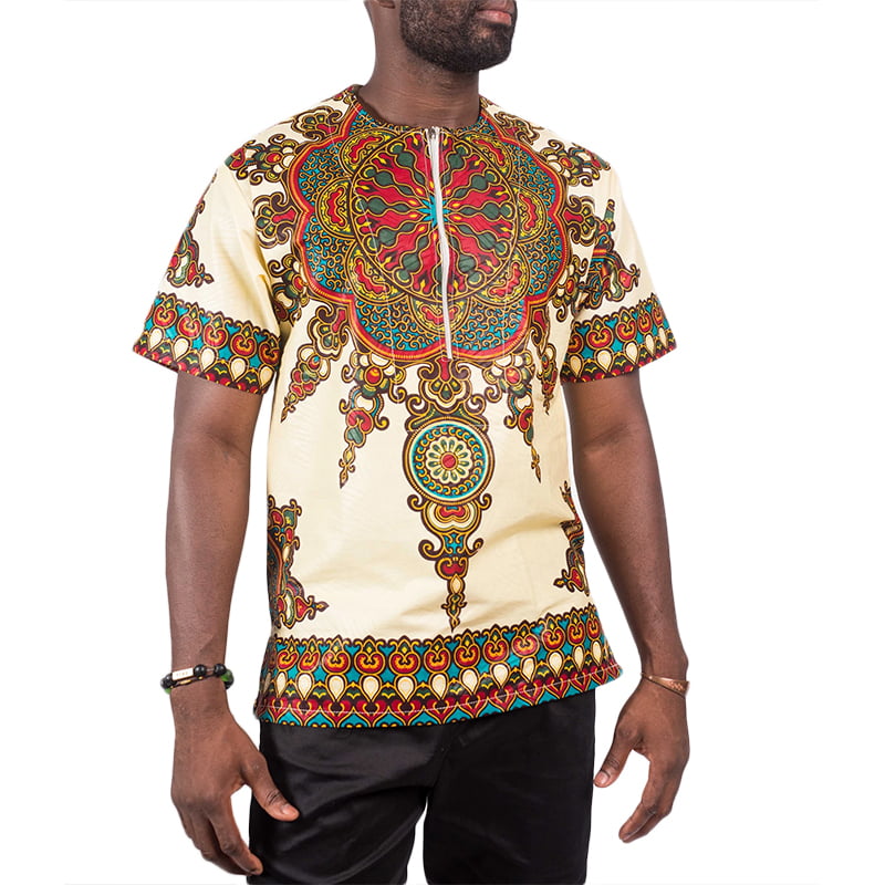Coolred-Men African Wax Fabric Oversize Short Sleeve Dashiki T-Shirt Top Rose Red L