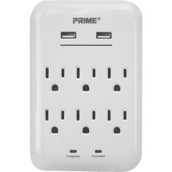 125 V 6-Outlet & 3.4A 2-USB Charger with Surge Protection, White