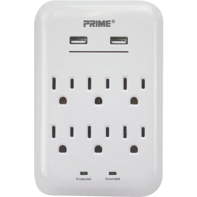 125 V 6-Outlet & 3.4A 2-USB Charger with Surge Protection, White