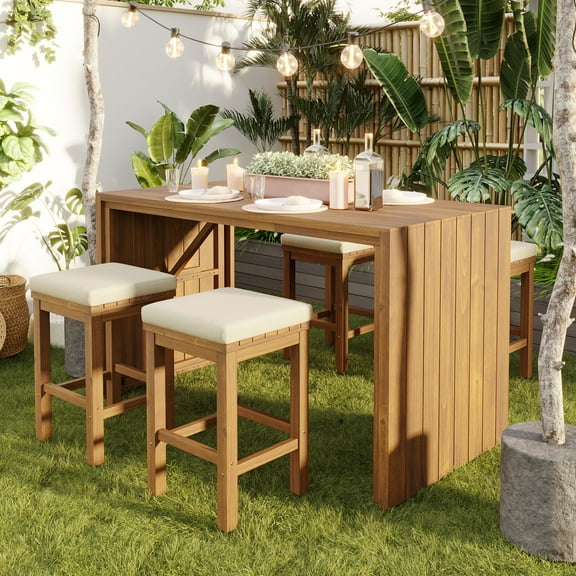 Euroco 5-Piece Acacia Wood Outdoor Bar Set with Cushions – Patio Bar Table and Stools