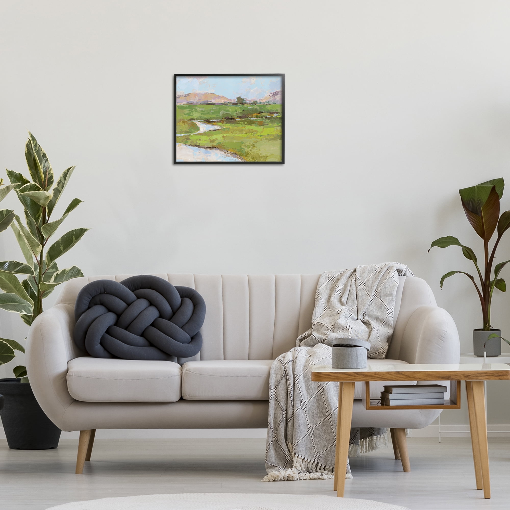Stupell Industries Hillside Winding Stream Landscape Painting Black Framed Art Print Wall Art, 20 x 16