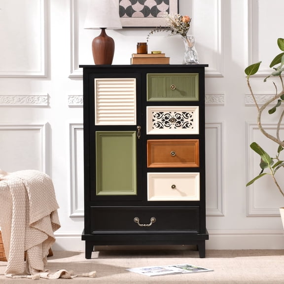 Ahokua Accent Cabinet with Door and 5 Drawers, Vintage Storage Cabinet with Patchwork Drawer Design, Black