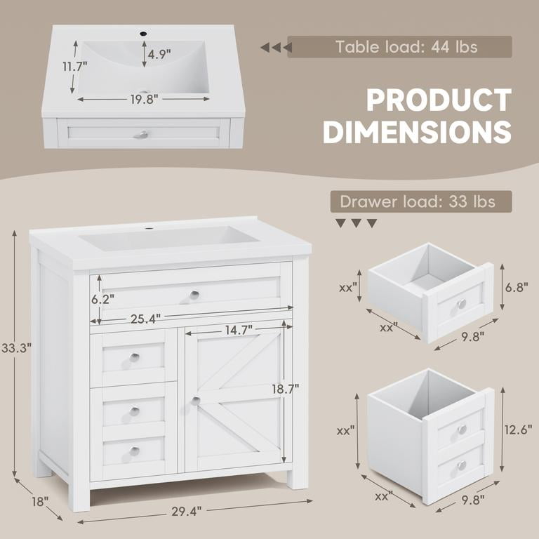 Lacoo 30'' Bathroom Vanity with Resin Sink, Wood Bathroom Storage Cabinet with Drawers and Shelves for Bathroom, White