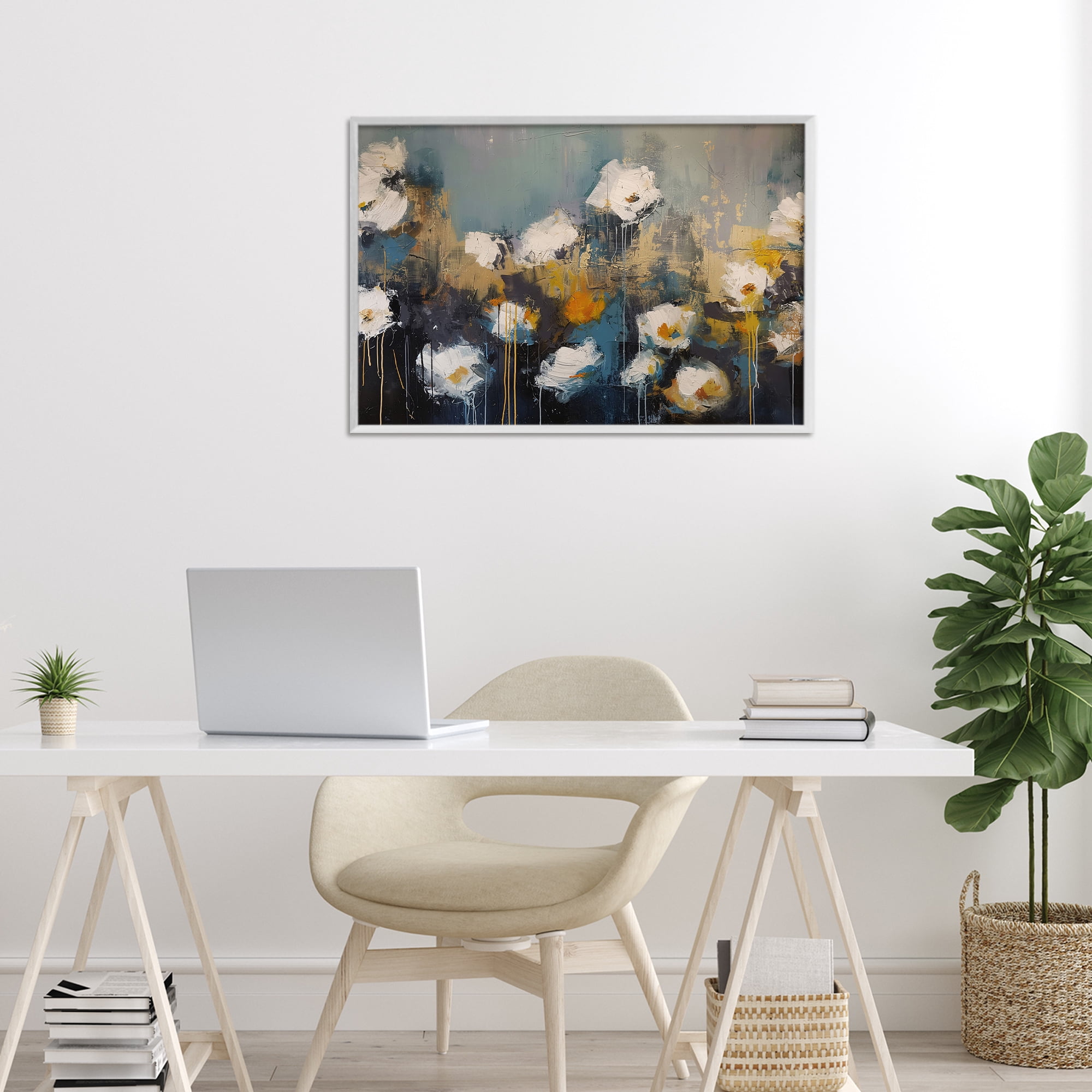 Stupell Industries Contemporary Paint Drip Blossoms White Framed Giclee Art, design by Jacky Ngan