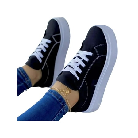 

Daeful Womens Flats Non-Slip Walking Shoes Comfort Sneakers Skateboading Lightweight Casual Lace Up Skate Shoe Black 7.5
