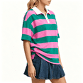 thumbnail image 4 of KDDYLITQ Striped Shirt Women Oversized V Neck Casual Polo Shirts Short Sleeve Rugby Collared Pullover Loose Fit Tops Purple S, 4 of 5