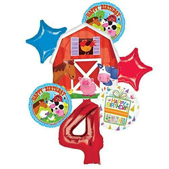 Farm Animal 4th Birthday Party Supplies and Barn Balloon Bouquet Decorations