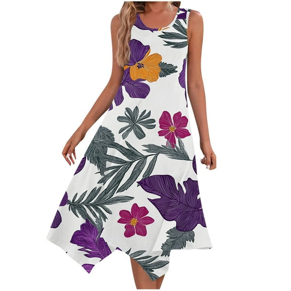 Womens Holiday Beach Sundress Casual Crewneck Sleeveless A-line Dresses Flowy Irregular Hem Tank Dress Floral Pattern