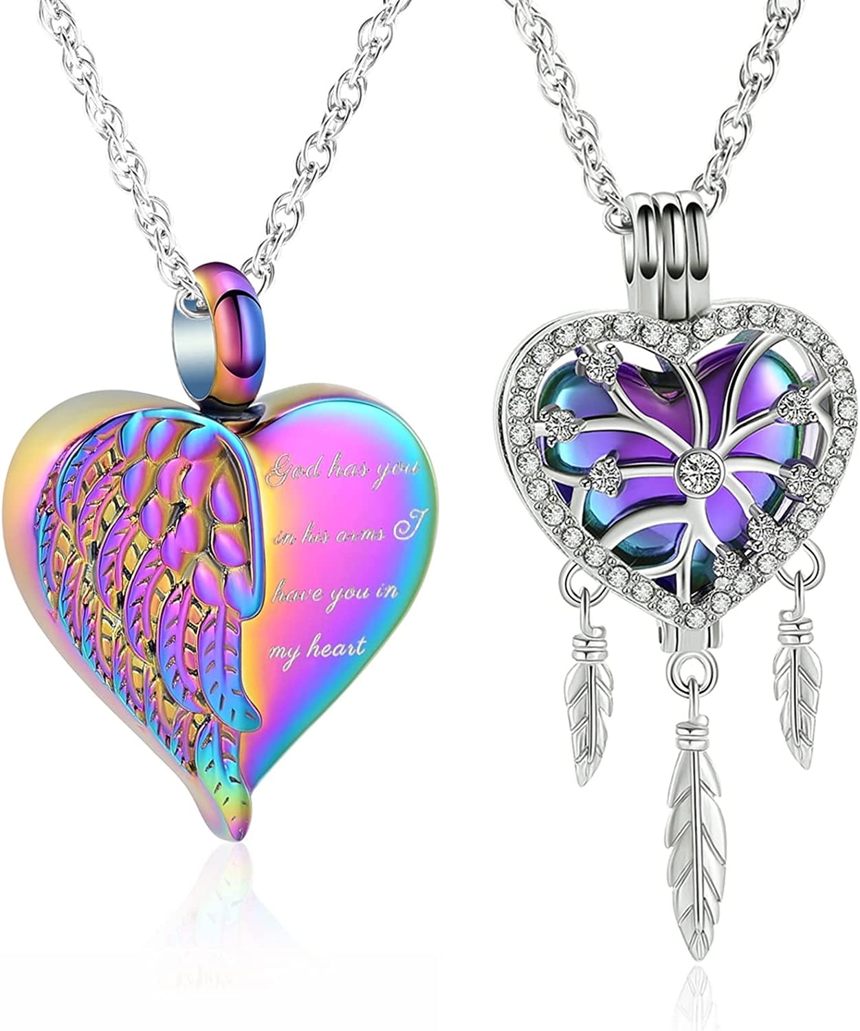 2 Pack Cremation Jewelry Heart Urn Necklaces Angel Wing Heart Dream