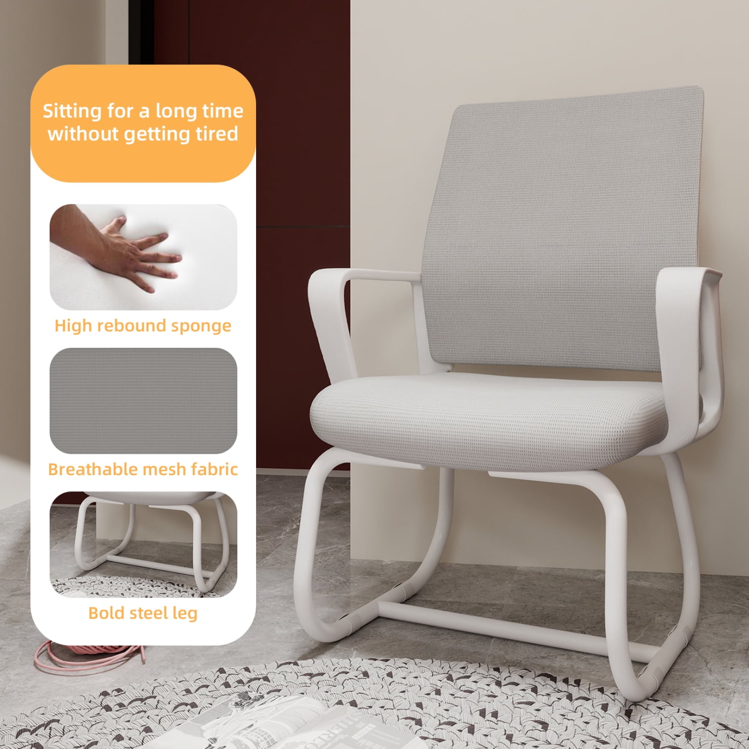 Modern Office Chair No Wheels, Ergonomic Study Chair with Handrail and Steel Legs, Comfy Home Office Desk Chairs with Ultra Thick Cushion, White+Gray