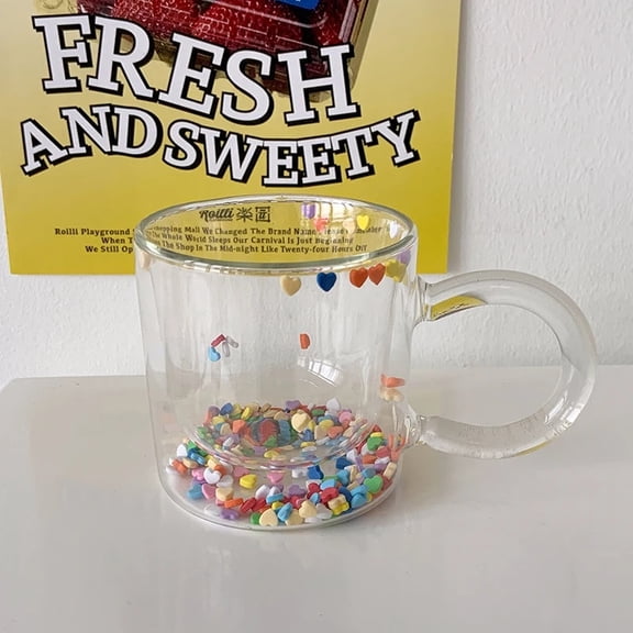 CHUNTIAN Korean Double Layer Love Quicksand Glass Cup Cute Girl Heart Creative Water Cup Transparent Juice Goblet