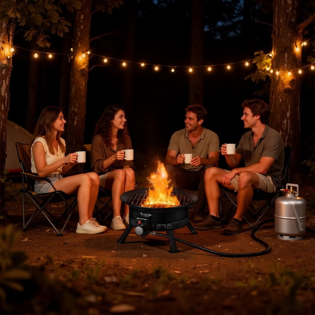 VEVOR Foyer au Propane de 19 Pouces, Foyer au Gaz Portable de 53 000 BTU, avec Grille de Cuisson et Roches de Lave, Flamme Réglable, Pattes Pliantes, Bol à Feu Extérieur Sans Fumée, Noir
