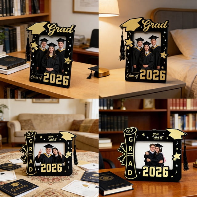 YYV 2026 Graduation Wooden Photo Frame 2D Craft Display Keepsake Class of 2026 Rustic Graduation Season Wooden Picture Frame Shelf Decor Gift for Graduate