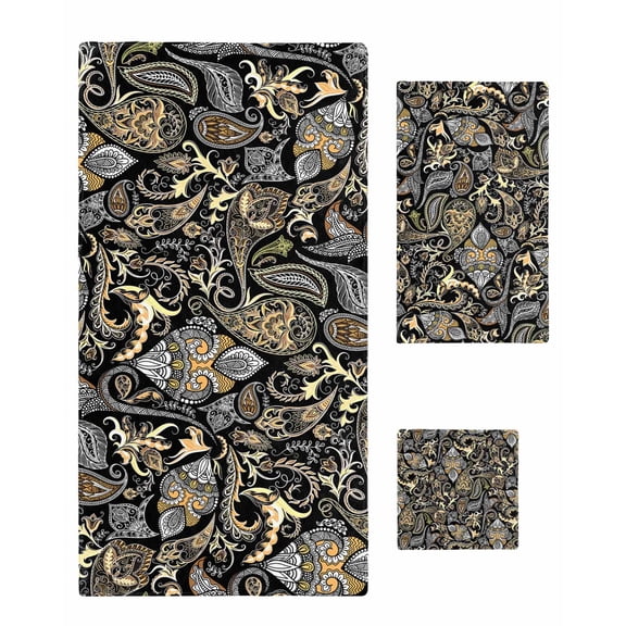 Black Floral Towel Set of 3, Soft Microfiber Bath Towels, Hand Towel, Washcloths, Boho Botanical Vintage Paisley Flower Quick-Dry Absorbent Towels for Bathroom Kitchen Hotel Beach Gym Spa