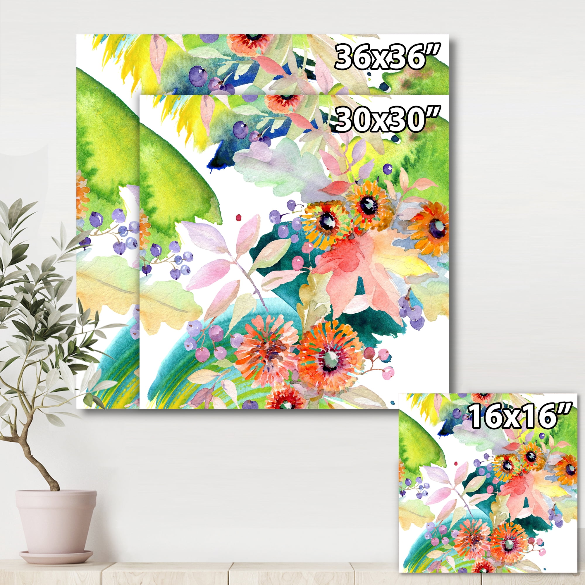 Designart ' Vital Wild Spring Leaves and Wildflowers III ' Modern Canvas Wall Art Print