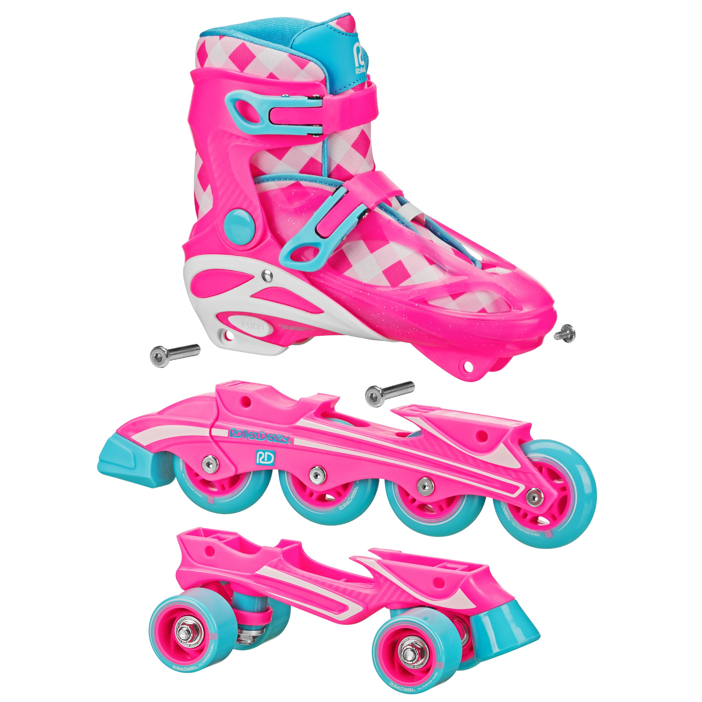 Roller Derby Girl's 2-in-1 Roller and Inline Skates Size 3-6 Gingham