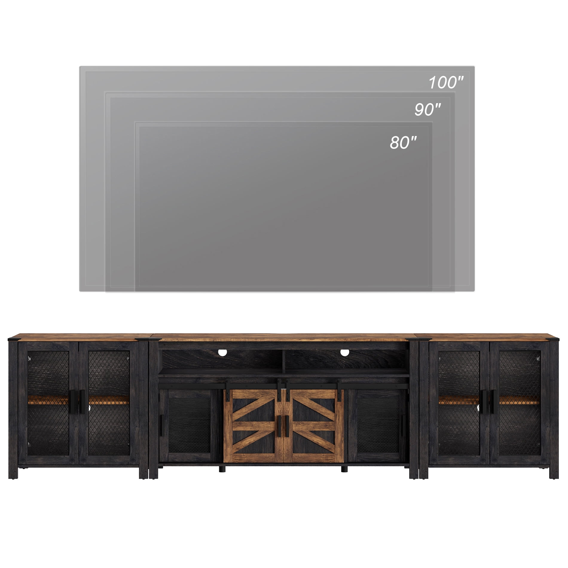 Wampat Farmhouse TV Stand Entertainment Center for 100 Inch TV, 2 Piece, with Sliding Barn Door, Adjustable Shelves, Dark Walnut and Black