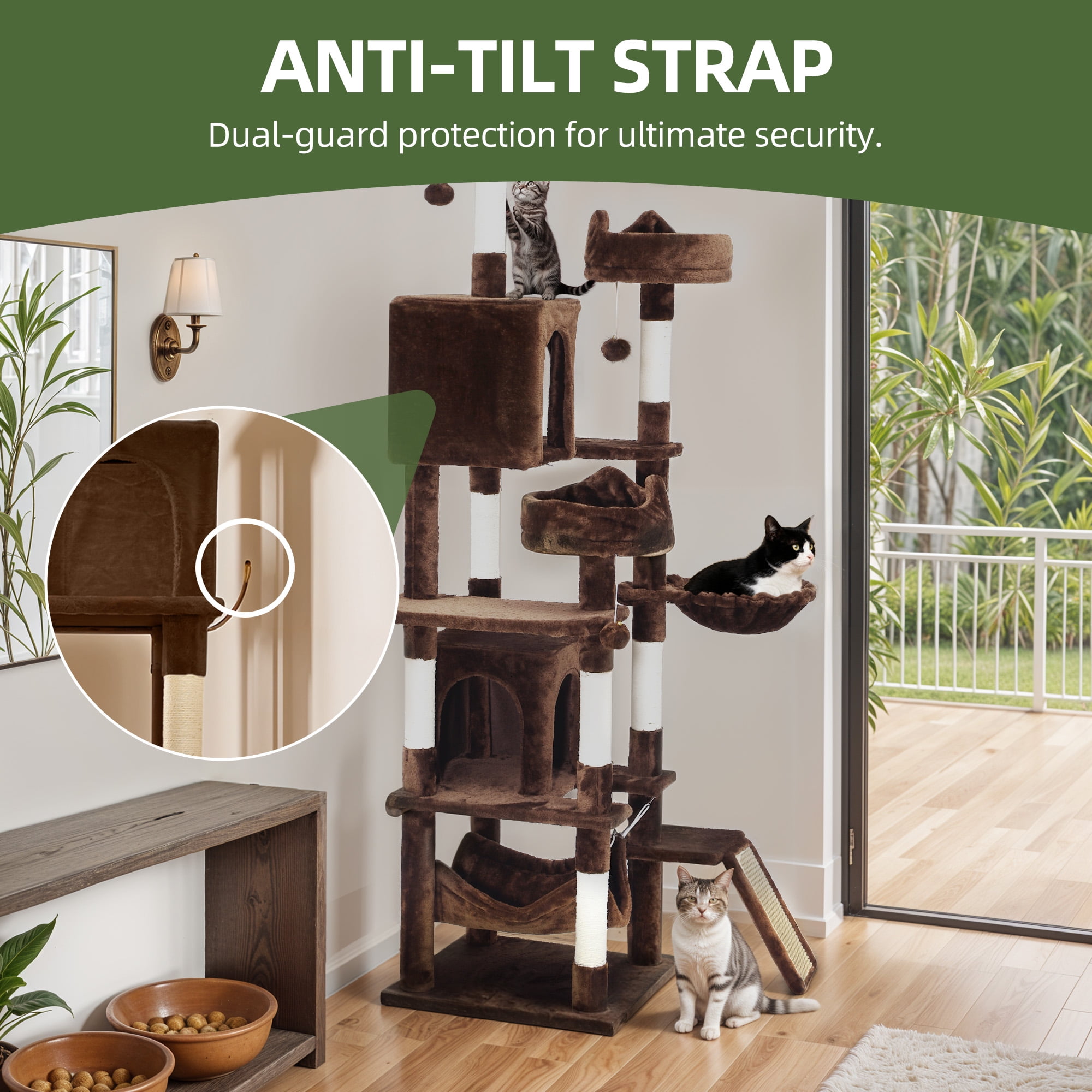 Uforic 75" Cat Tree Multi-Level Tower with Condos, Hammocks & Scratching Posts, Brown