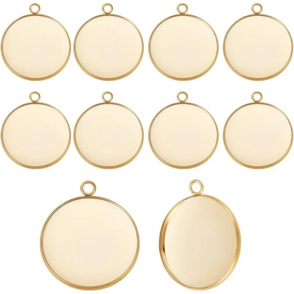 1 Box 14Pcs 30mm Blank Bezel Pendant Trays Real 24K Gold Plated 304 Stainless Steel Cabochon Bezel Pendant Settings
