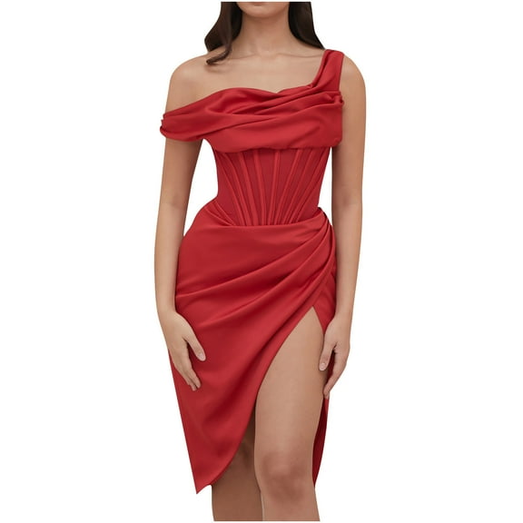 Elainilye Fashion Wedding Guest Dresses for Women Summer One Shoulder Sleeveless Splicing Irregular Dress Prom Dress,Red