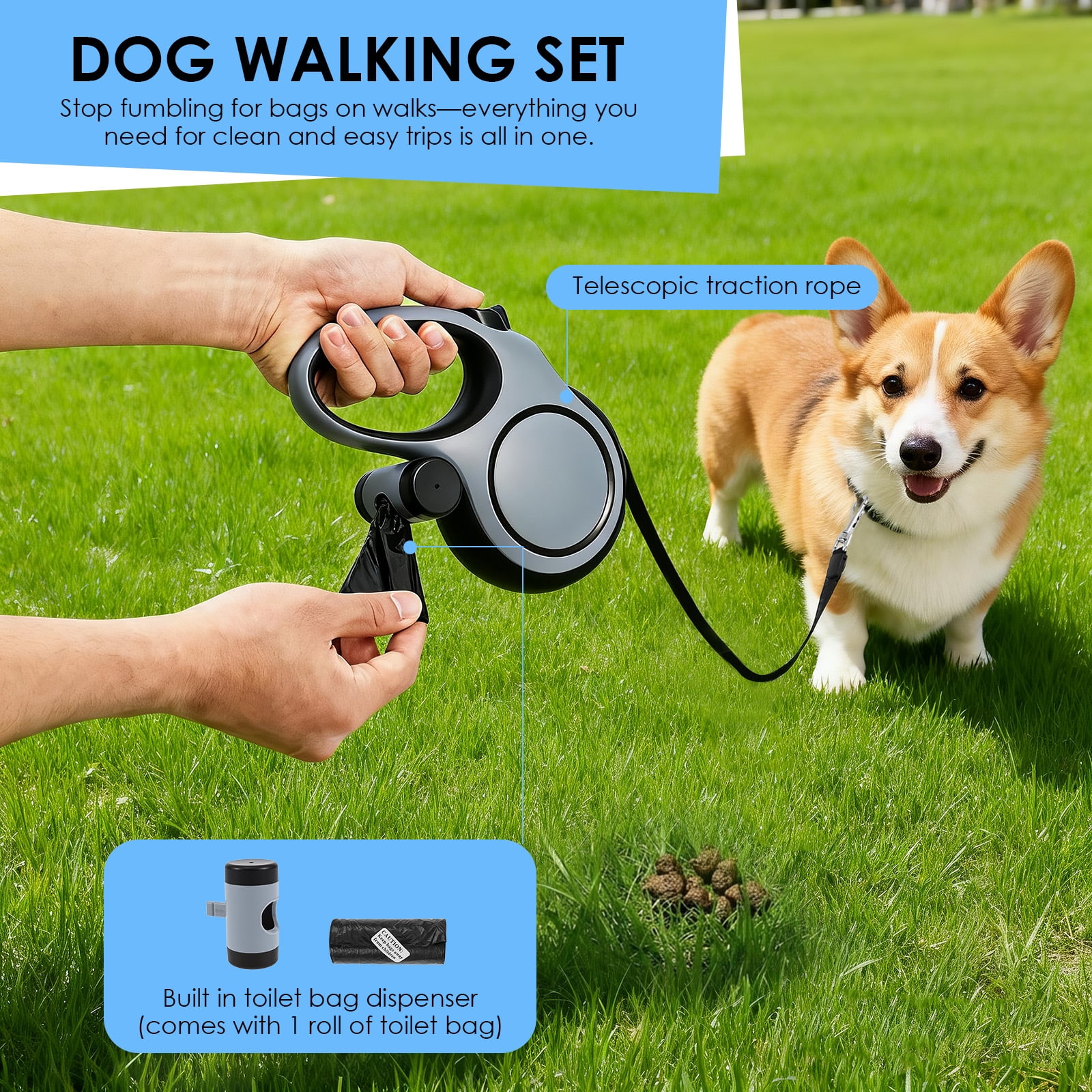 Threns Retractable Dog Leash,26 ft Heavy Duty Dog Leash for Dogs up to 110lbs,Pet Walking Leash with Waste Bag,Strong Nylon Tape,No Tangle,One-Handed Brake,Pause,Lock