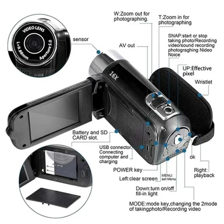 iFCOW, Digital Video Camera, Full HD 1080P 16x Zoom, Black