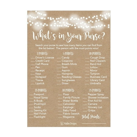25 Rustic Whats In Your Purse Bridal Wedding Shower or Bachelorette Party Game Item Cards 