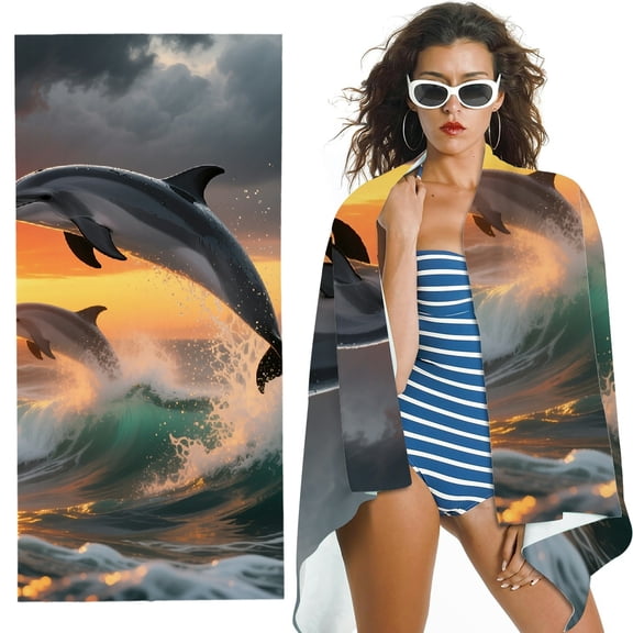 RKSupls Oversized Microfiber Beach Towel - Blue Wave Dolphin Print, Machine Washable for Bathroom, beach, Soft Super Absorbent- 30x60 in