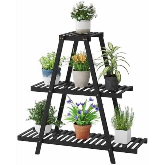 Plant Stand For Indoor Outdoor Tiered Plant Shelf 3 Tier 8 Potted Bamboo Flower Holder Ladder Rack For Multiple Triangle Table Plant Pot Stand (Black)