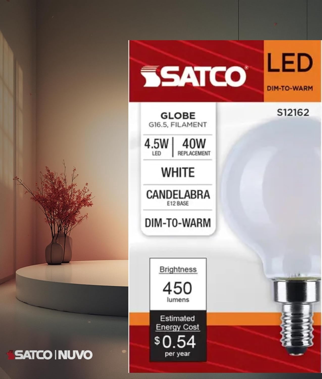 Satco S12162 G16.5 Globe LED Filament Light Bulbs 4.5W 120V 3000K 90 CRI E12 Candelabra Base Frosted Dimmable WET Location (6 Pack)