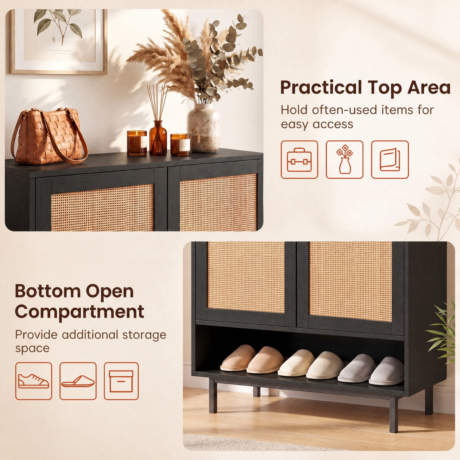 Furnibear 43 Inch Tall 6 Tier Shoe Cabinet with Double Doors and Adjustable Shelves for Entryway Living Room and Closet, Black