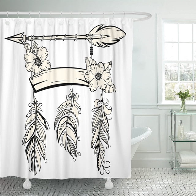 Cortina de Ducha ABPHQTO de Poliéster Boho 152x180 cm Letrero de Madera Flecha Plumas Flores