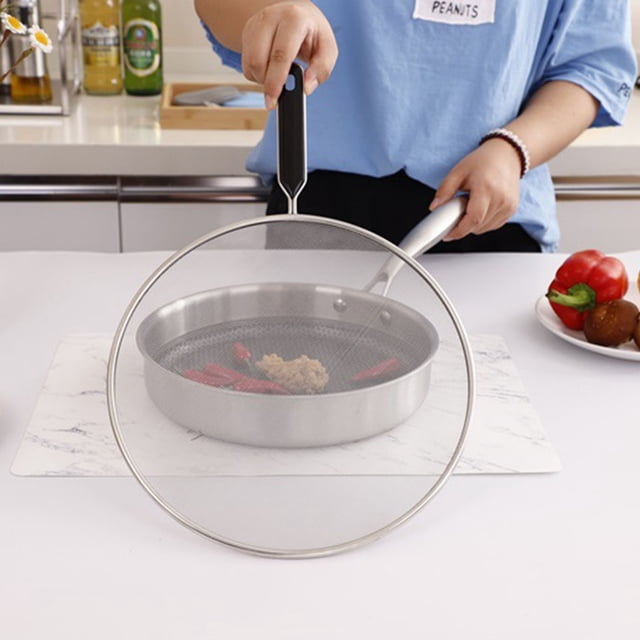 Écran Anti-Éclaboussures pour Poêle en Acier Inoxydable Filet d'Huile Plat Couvercle de Poêle, 25cm
